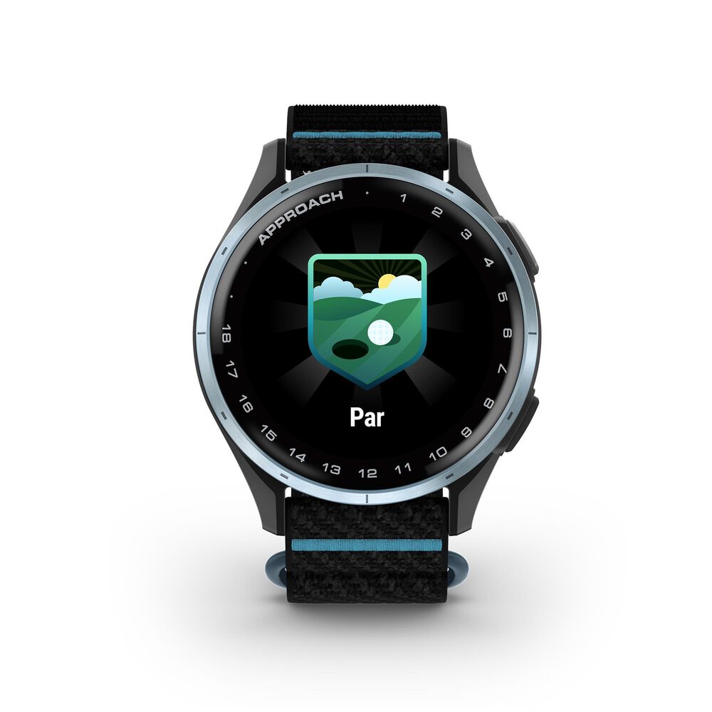 Garmin Approach J1 43mm Junior Golf GPS Smartwatch in Cloud Blue Aluminum Bezel with Black/Azure ComfortFit Fabric Band, , large