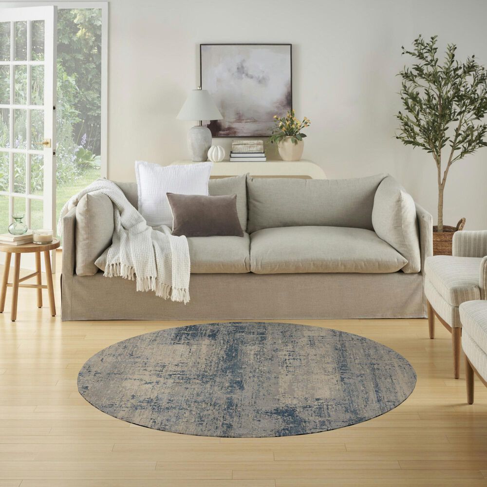 Nourison Rustic Textures Ivory, Deep Blue and Grey 5&#39;3&quot; Round Area Rug, , large