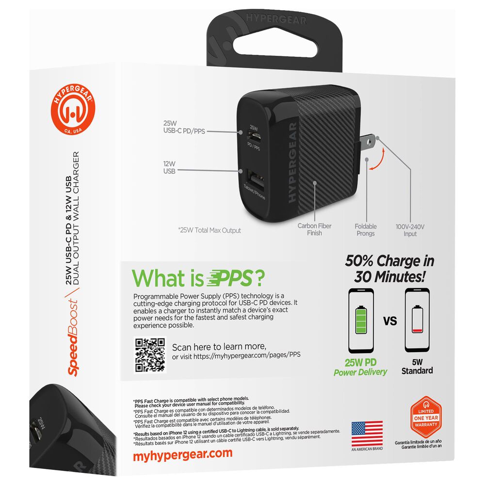 Hypercel SpeedBoost 25W PD Dual Output Wall Charger in Black, , large