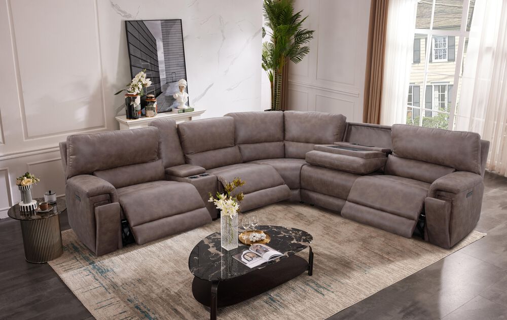 Oxford Furniture 6-Piece Power Reclining Sectional with Power Headrests in Tan, , large
