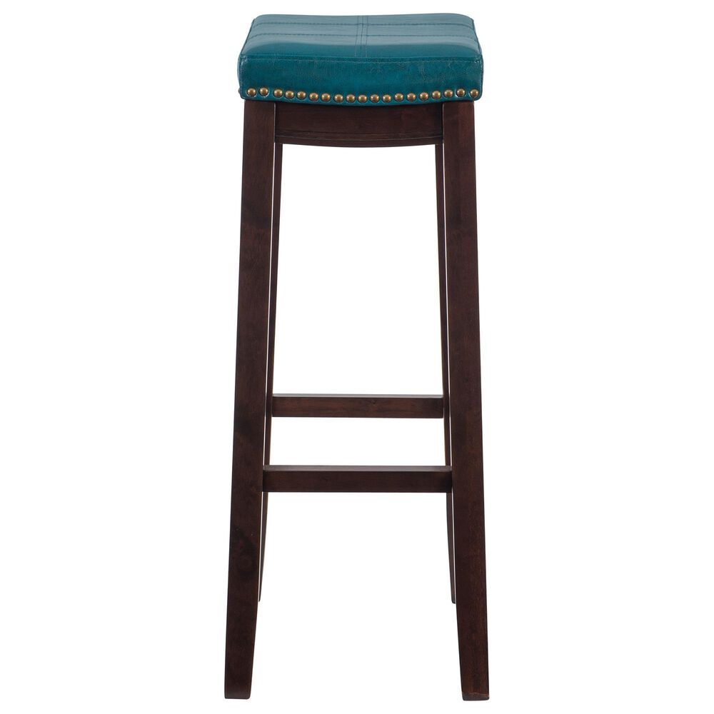 Linon Home Decor Claridge Bar Stool with Blue Cushion in Dark Brown, , large