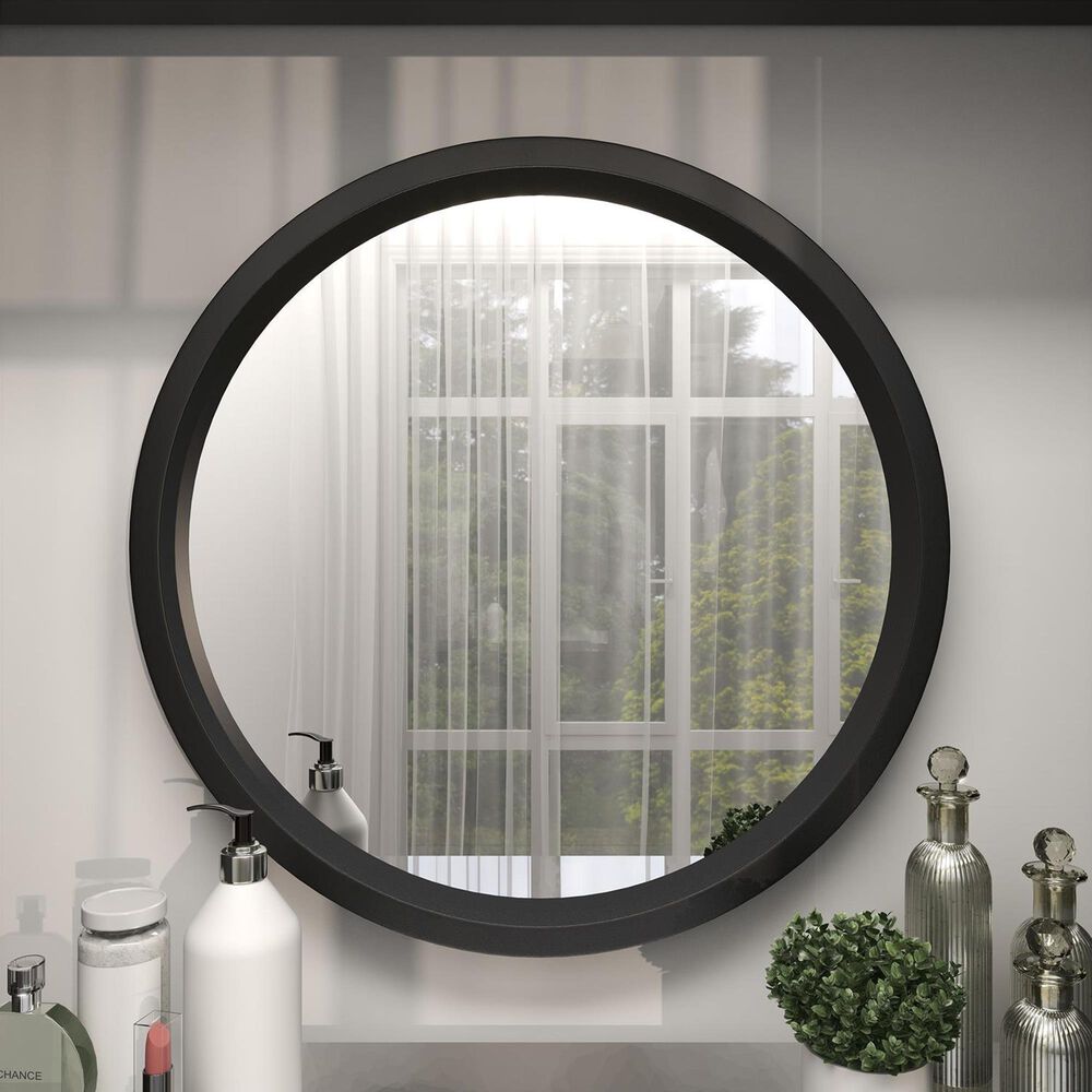 Maple and Jade 32&quot; Round Wood Wall Mirror in Matte Black, , large