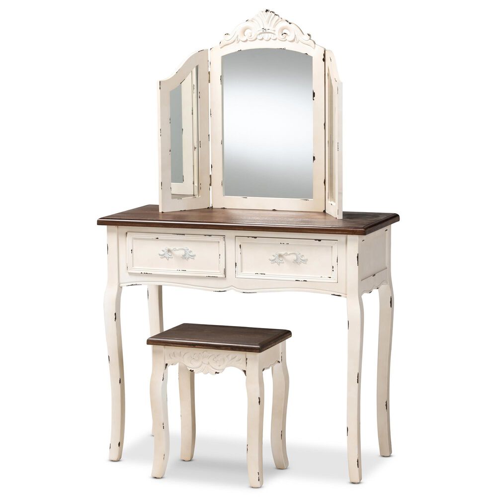 Baxton Studio Levron 2 Piece Vanity Set in Walnut Brown/White, , large