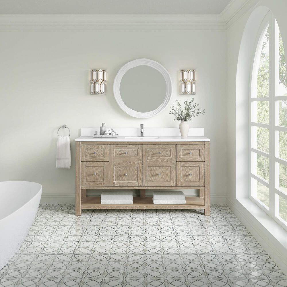James Martin Vanities Breckenridge 60&quot; Single Bathroom Vanity in Whitewashed Oak with Single Hole 3 cm White Zeus Quartz Top and Rectangular Sink, , large