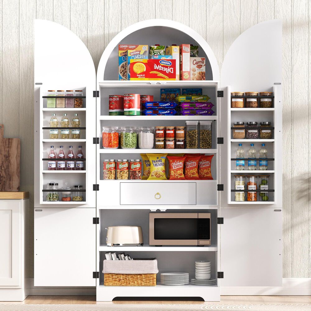 HOMLUX 72" Tall Arched Kitchen Pantry Cabinet in White, , large