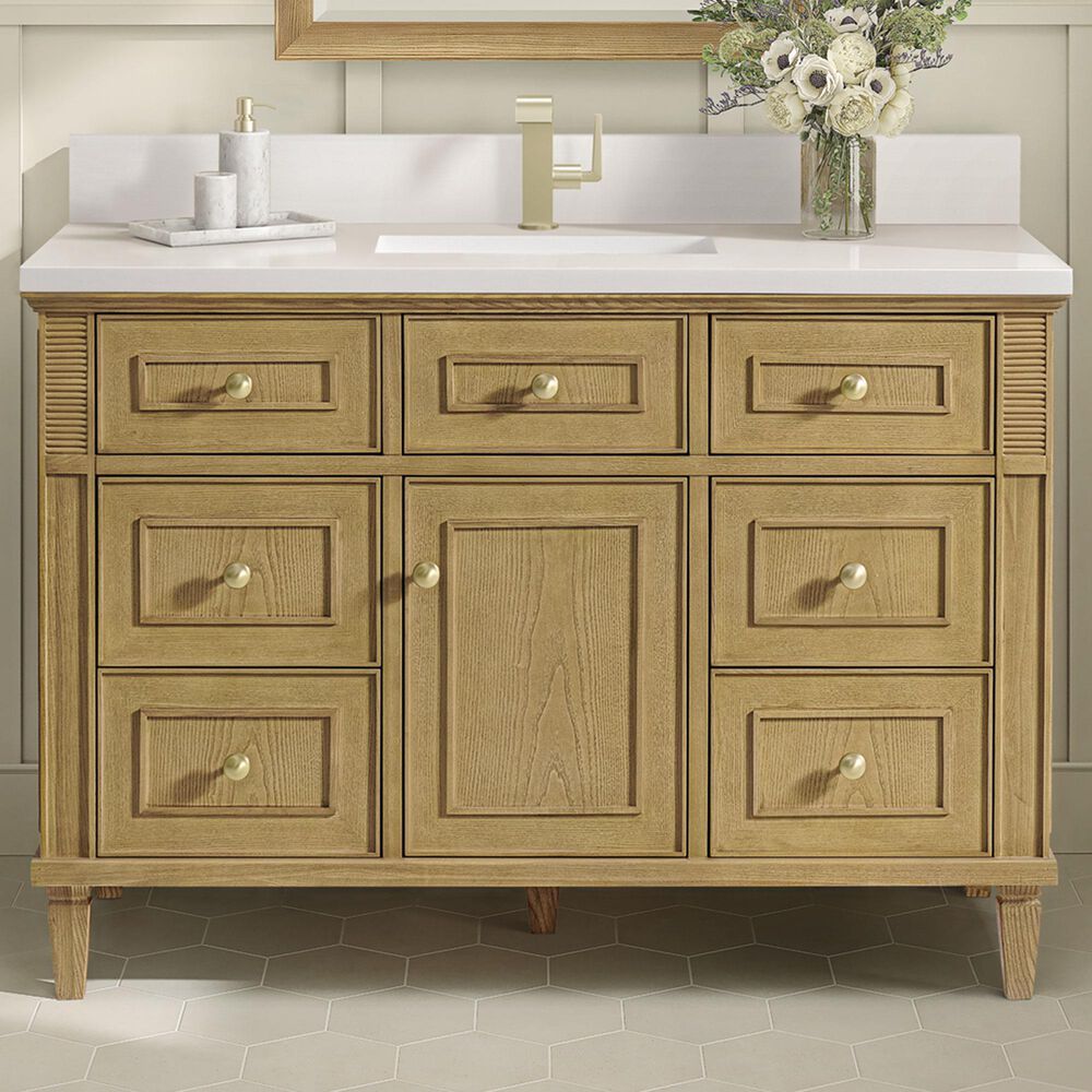 James Martin Vanities Lorelai 48" Single Vanity in Light Natural Oak with Single Hole and 3 cm White Zeus Quartz Top &amp; Backsplash, , large