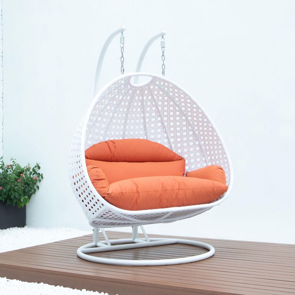 Leisuremod 2-Seat Hanging Egg Swing Chair with Orange Cushion in White, , large