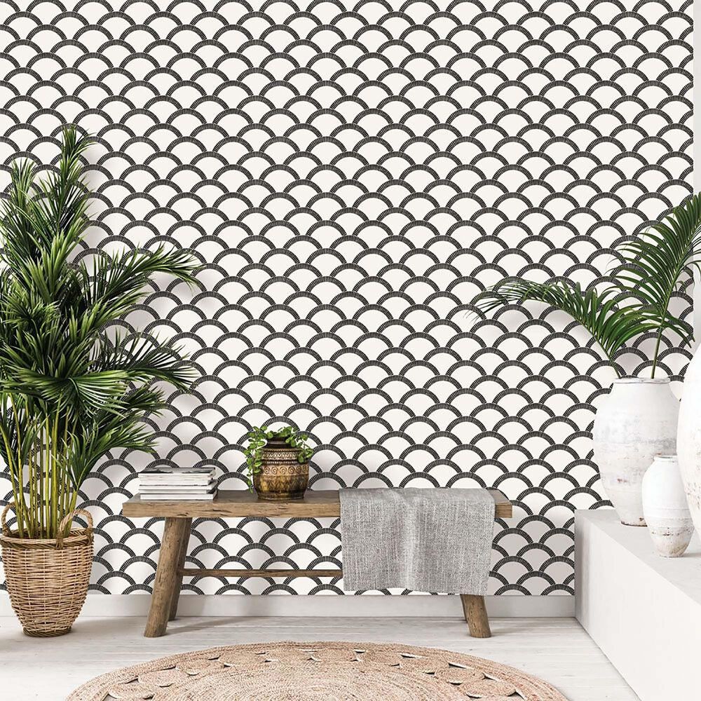 Tempaper 28 sq. ft. Mosaic Scallop Black & Cream Peel and Stick Wallpaper, , large