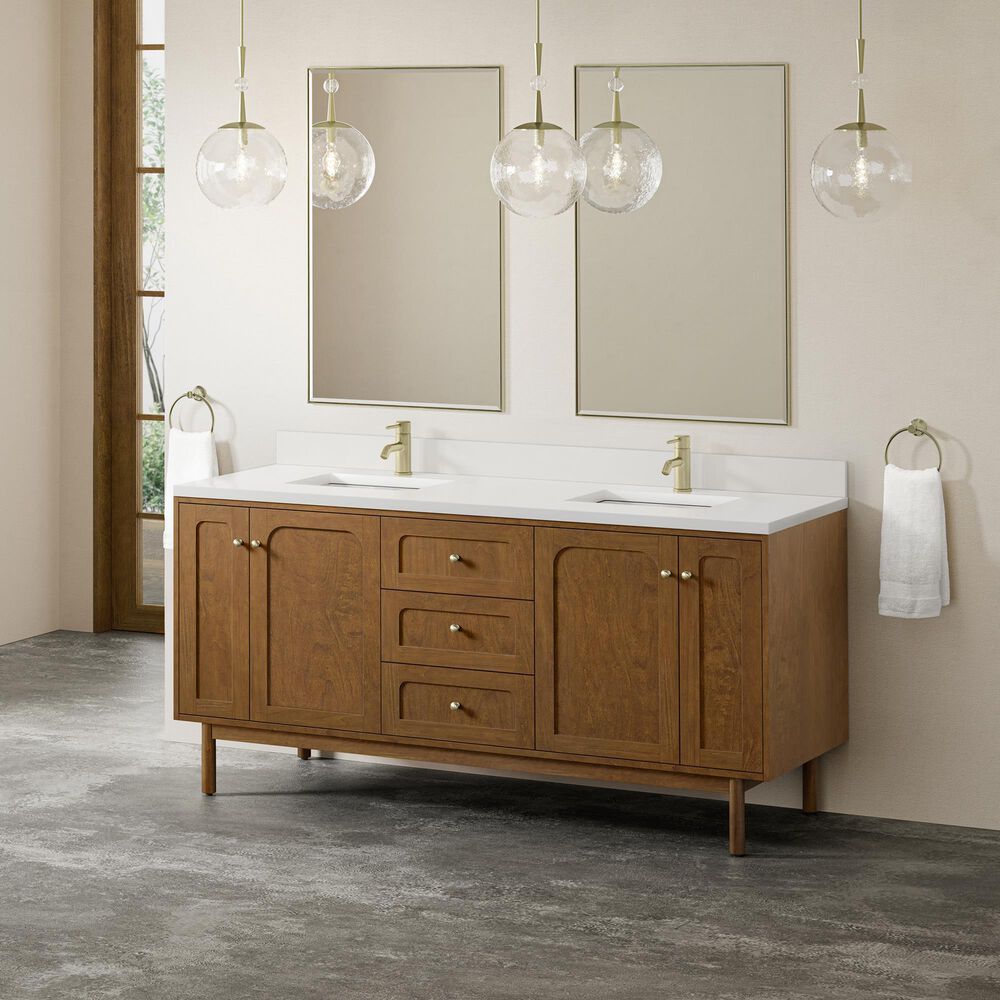 James Martin Laurent 72" Double Bathroom Vanity in Honey Oak with Single Hole 3 cm White Zeus Silestone Top and Rectangular Sinks, , large