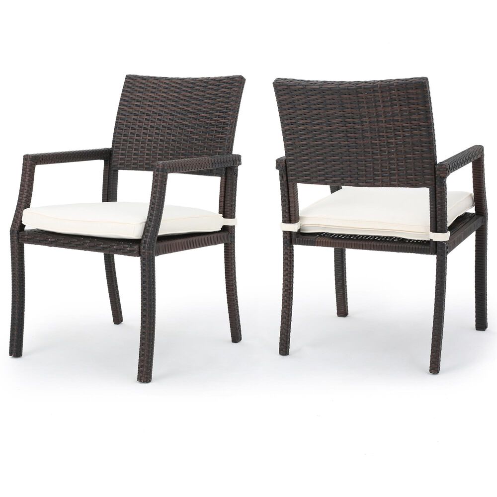Hearth and Haven Rhode Island Rattan Dining Chair with White Cushion in Brown (Set of 2), , large