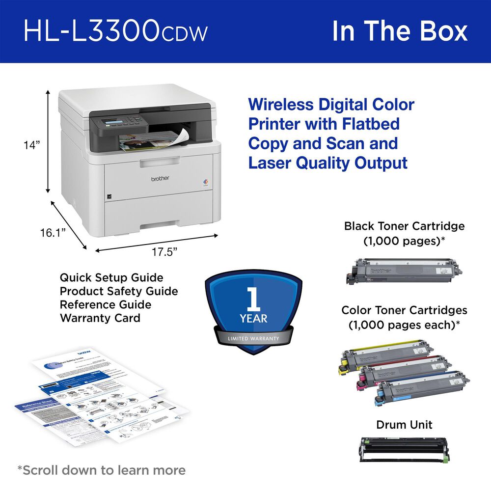 Brother HL-L3300CDW Wireless Digital Color Multi-Function Printer, , large