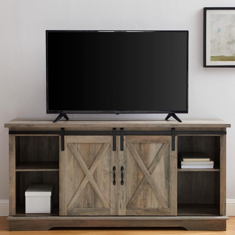 Walker Edison 58&quot; Sliding Barn Door TV Stand in Grey Wash, , large