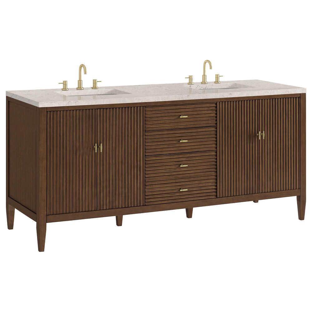 James Martin Vanities Myrrin 72" Double Vanity in Mid-Century Walnut with 3 cm Eternal Jasmine Pearl Quartz Top, , large