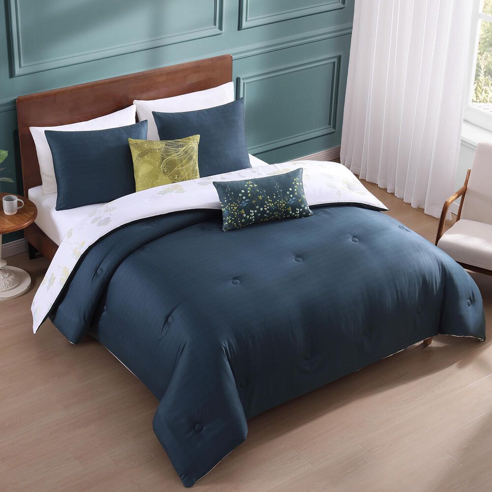 BEBEJAN Abstract Vines 5-Piece King/Cal King Comforter Set in Navy Blue, Gold and White, , large