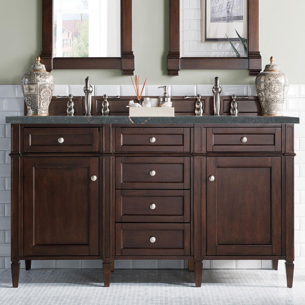 James Martin Vanities Brittany 60&quot; Double Bathroom Vanity in Burnished Mahogany with 3 cm Parisien Bleu Quartz Top and Rectangular Sinks, , large