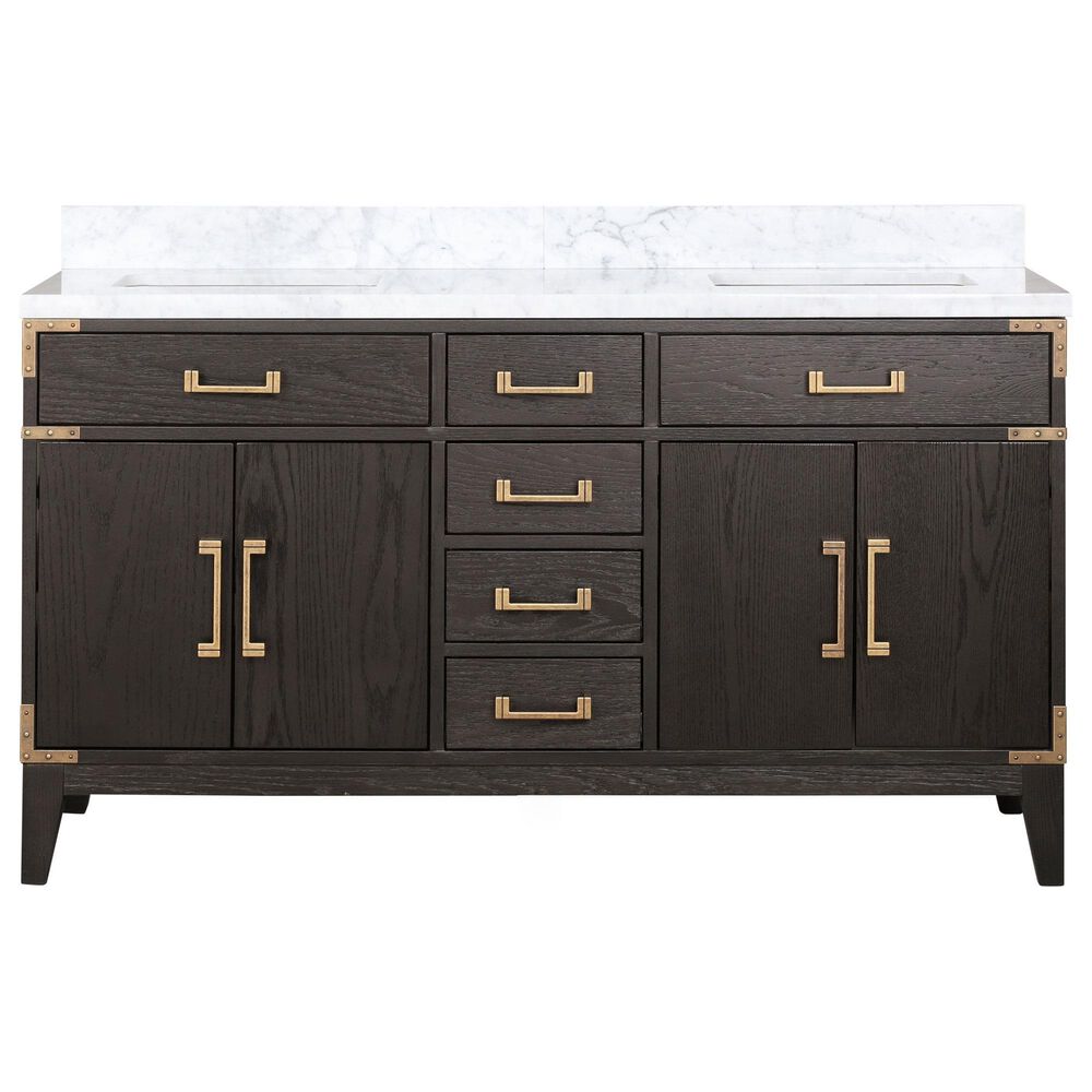 Lexora Home Laurel 60&quot; Double Bathroom Vanity in Brown Oak with White Carrara Marble Top and Rectangular Sinks, , large
