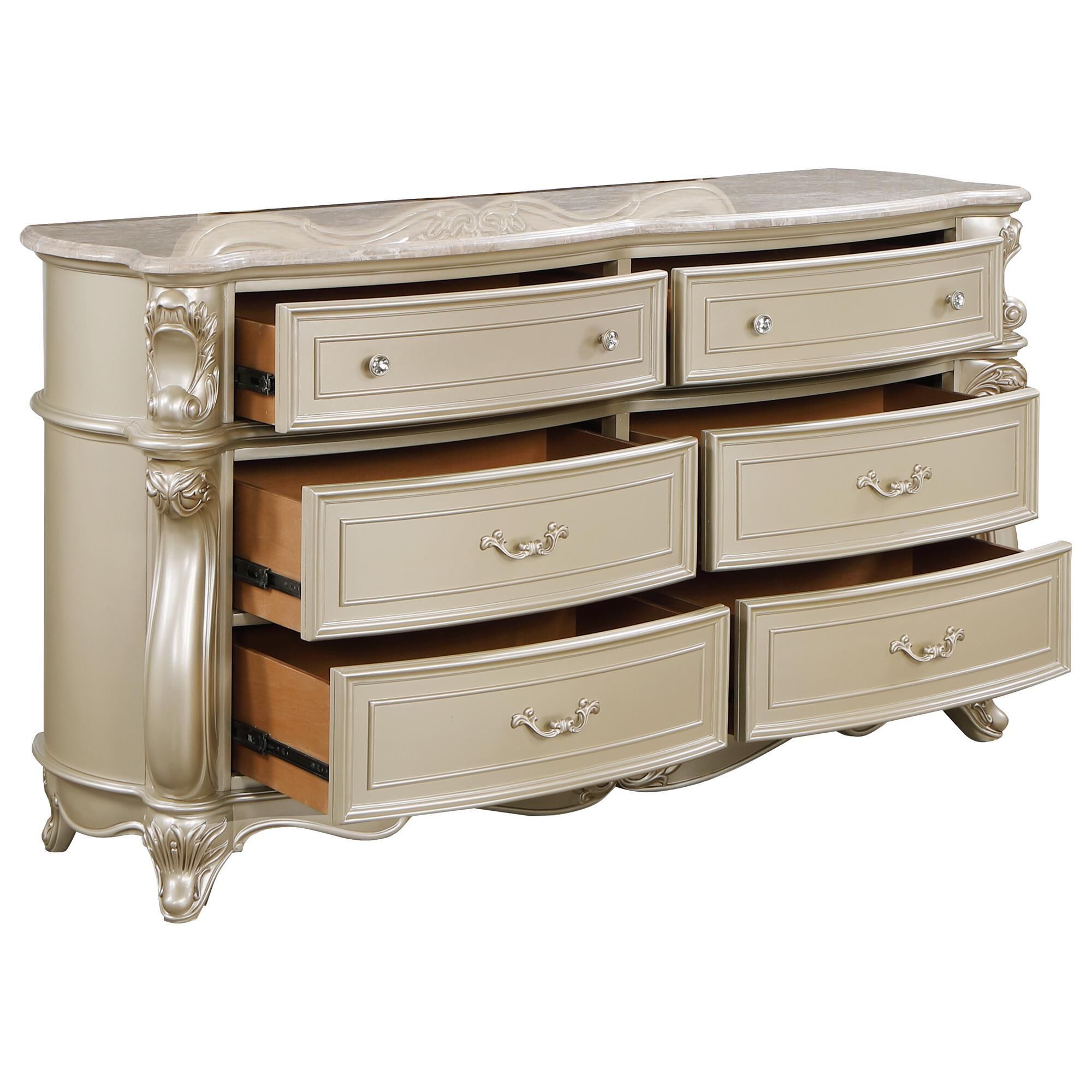 New Heritage Monique 6-Drawer Dresser with Marble Top in Champagne