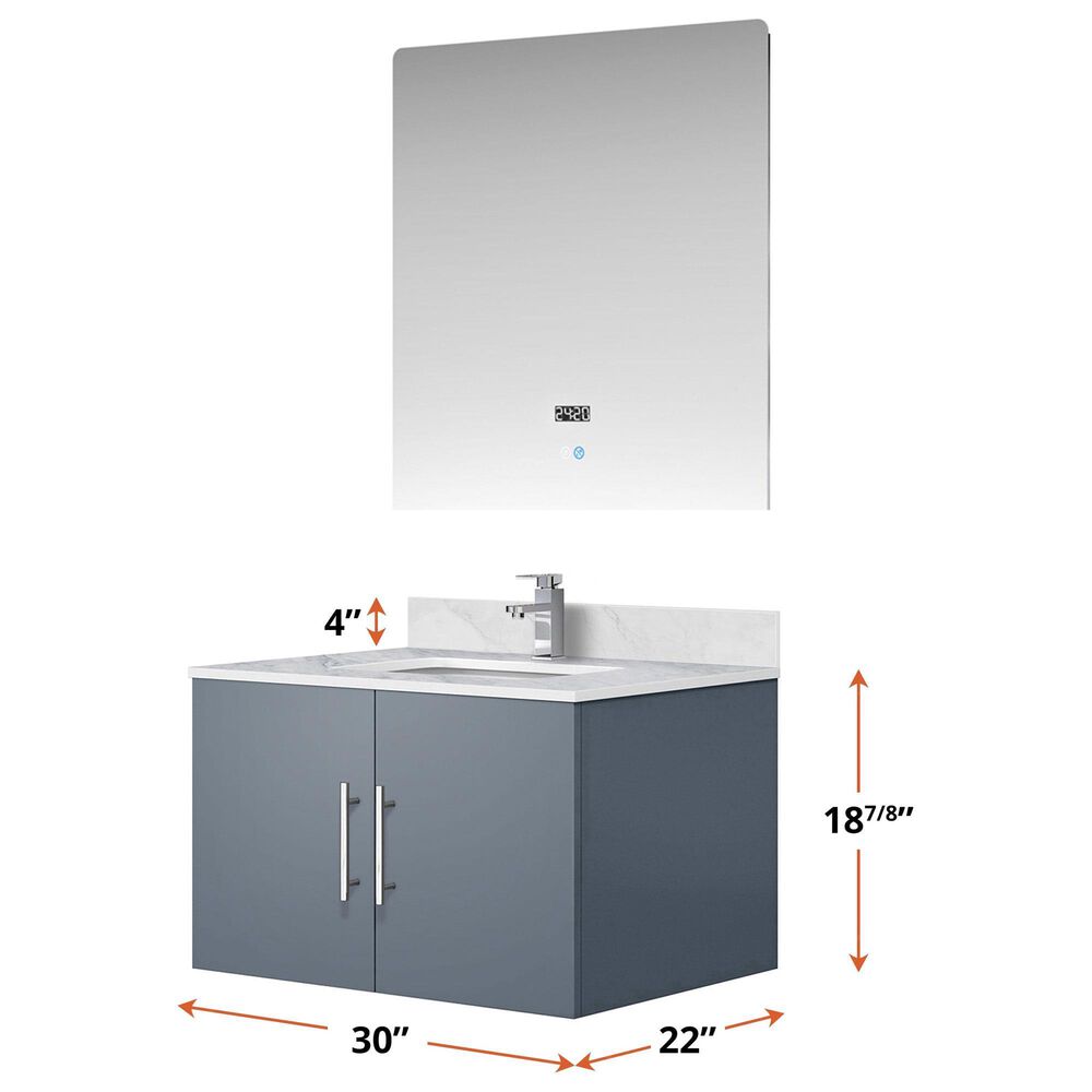 Lexora Home Geneva 30&quot; Single Bathroom Vanity in Glossy White with 2 cm White Carrara Marble Top, Rectangular Sink and 30&quot; LED Mirror, , large