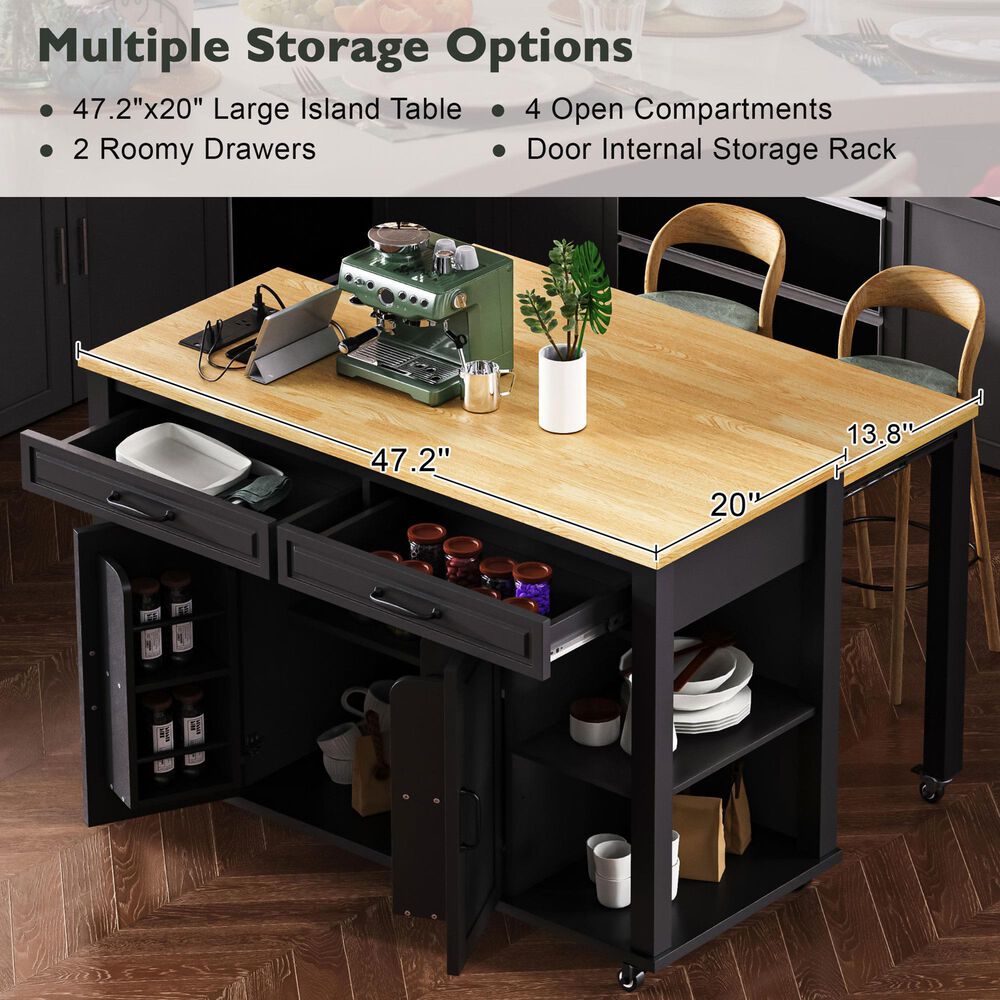 HOMLUX 47" Kitchen Island with Extendable Dining Table in Black, , large