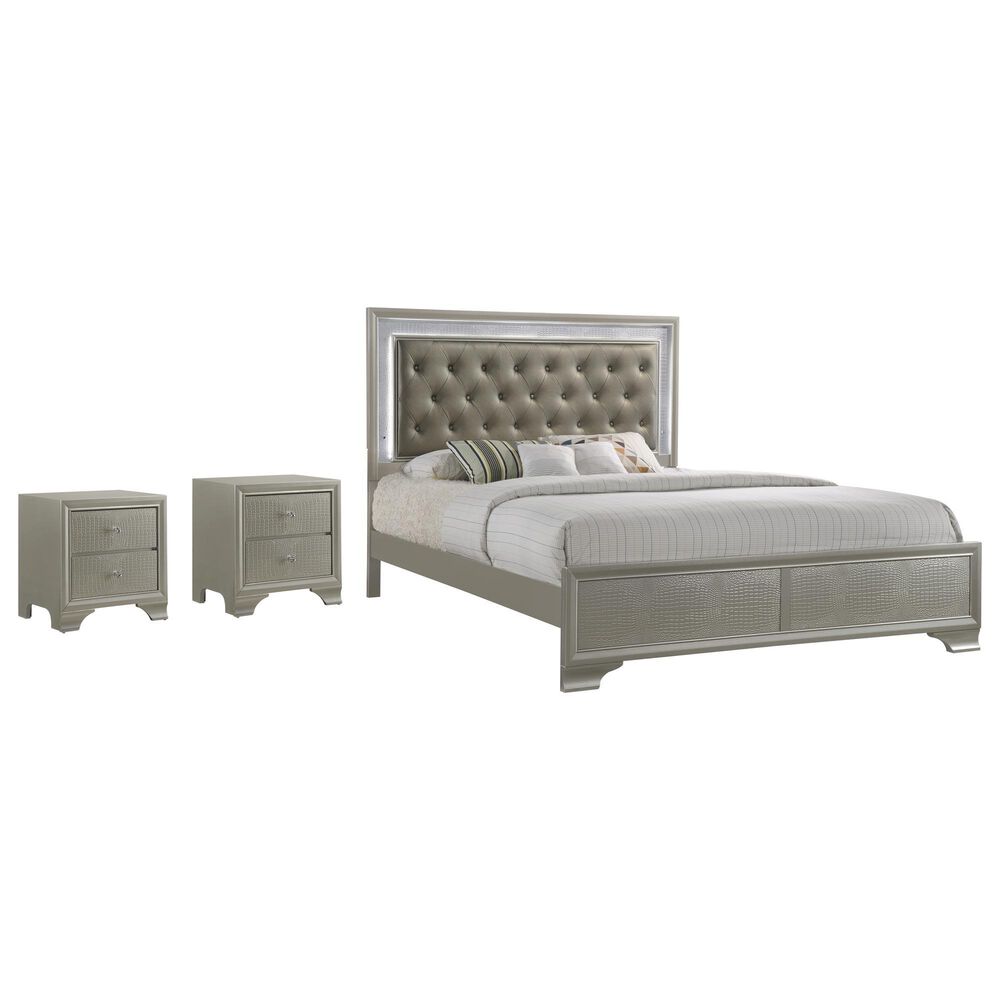 Crown Mark Lyssa King Panel Bed with Two Nightstands in Champagne, , large