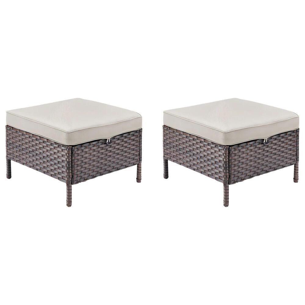 Sunwell Garden 17" Ottoman with Beige Cushion and Round Legs in Brown (Set of 2), , large