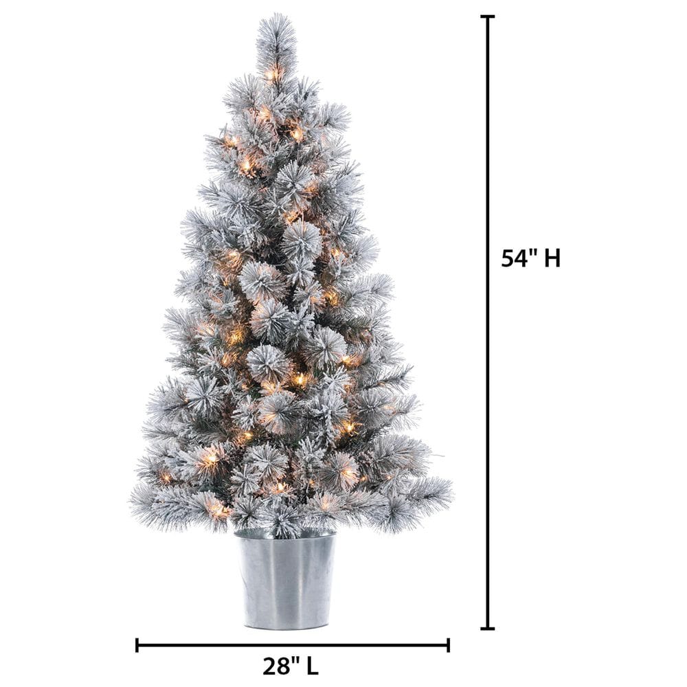 The Gerson Company 4.5&#39; Potted Pre-Lit Flocked Pine Artificial Needle Boise Pine with White Lights in Green, , large