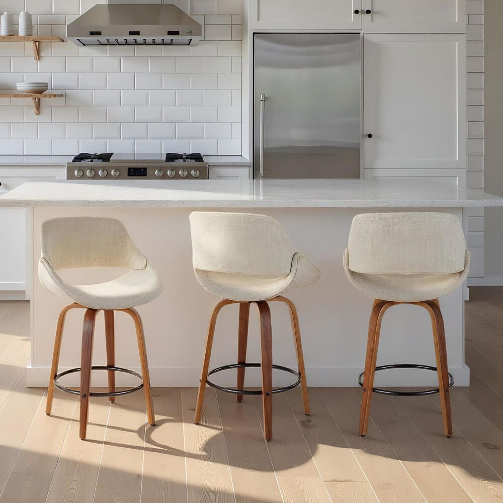 LumiSource Fabrico 26" Swivel Fixed-Height Counter Stool with Cream Noise Fabric Upholstery in Black and Walnut (Set of 2), , large