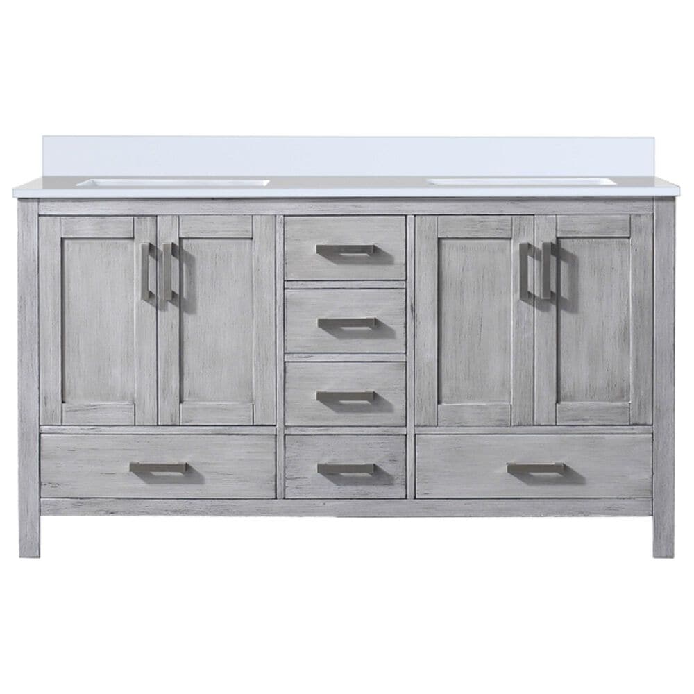 Lexora Home Jacques 60" Double Bathroom Vanity in Distressed Grey with 2 cm White Cultured Marble Top and Rectangular Sinks, , large