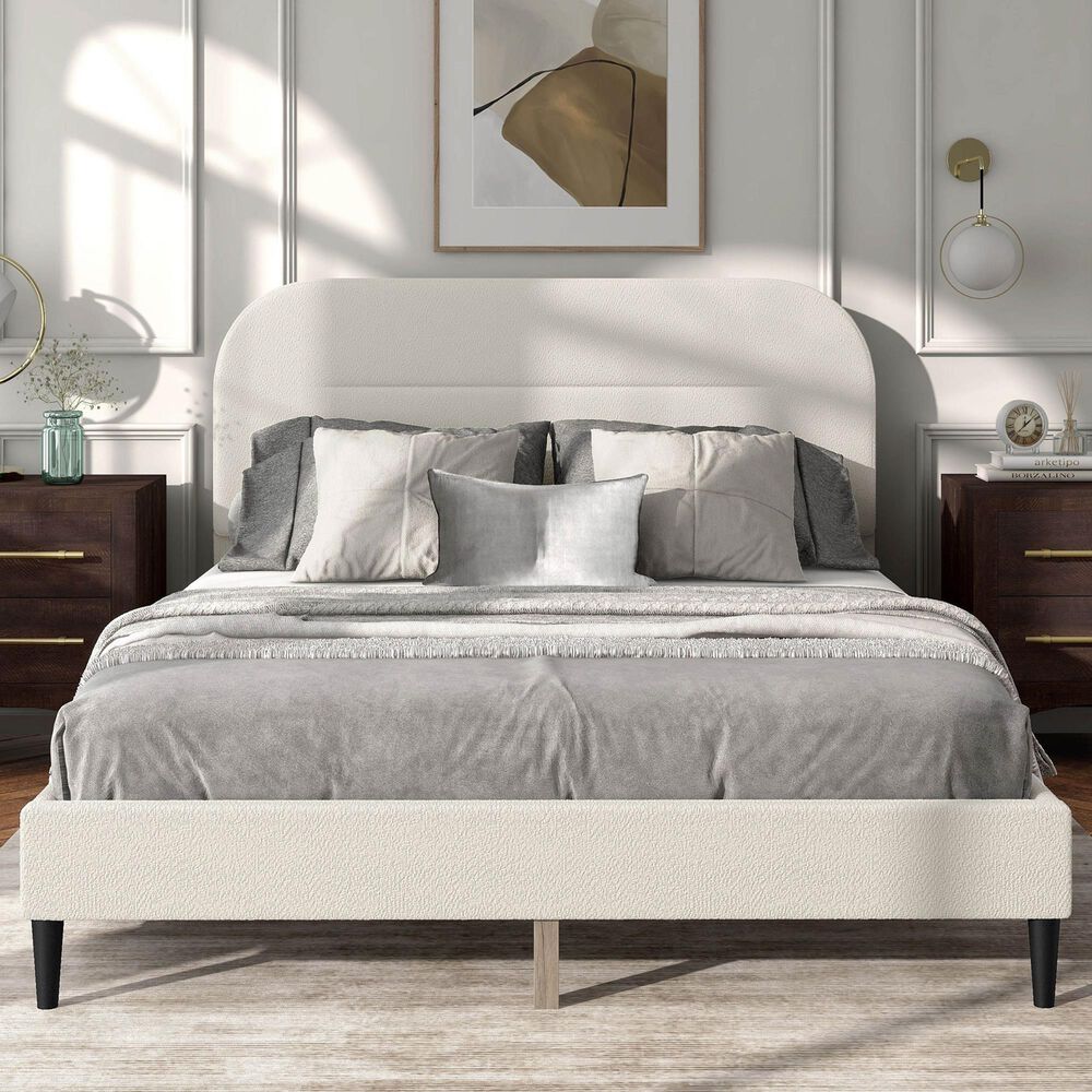 Furniture of America Gail Queen Upholstered Platform Bed with Rounded Headboard in White, , large