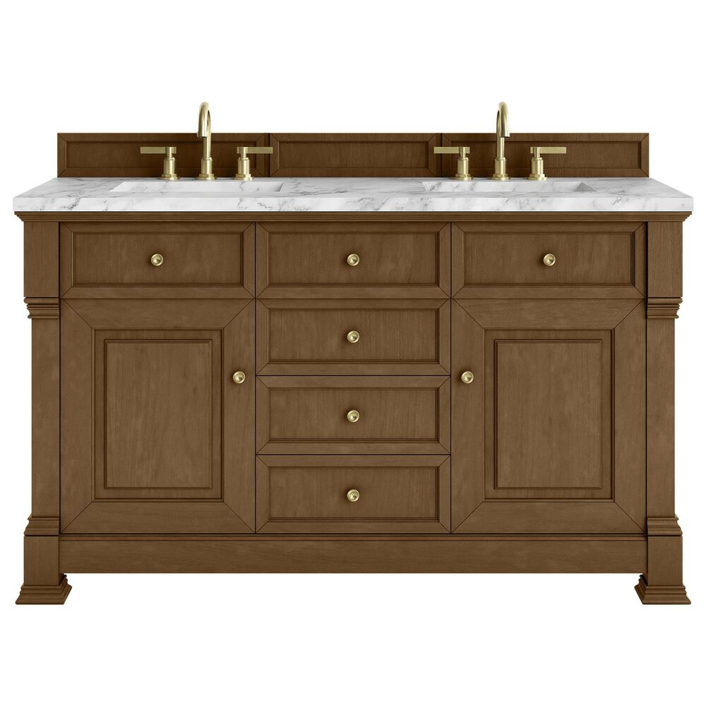 James Martin Vanities Brookfield 60&quot; Double Bathroom Vanity in Honey Oak with 3 cm Carrara White Marble Top and Rectangular Sinks, , large