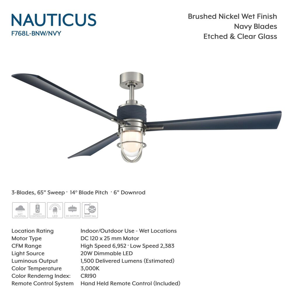 Minka-Aire Nauticus 65" Smart Indoor/Outdoor Ceiling Fan with Distressed Koa Blades in Brushed Nickel Wet, , large