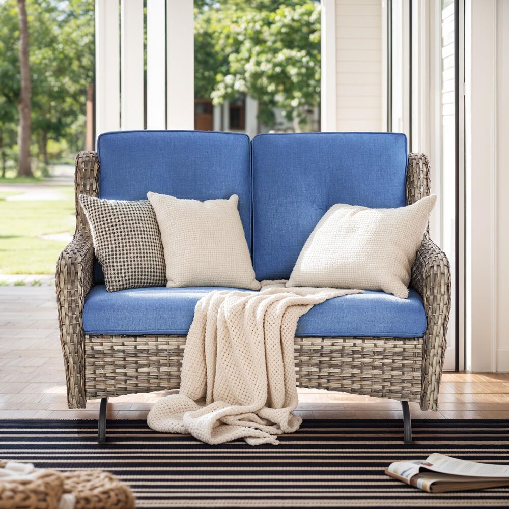 Sunwell Garden Outdoor Glider Loveseat with Gray Rattan in Navy, , large