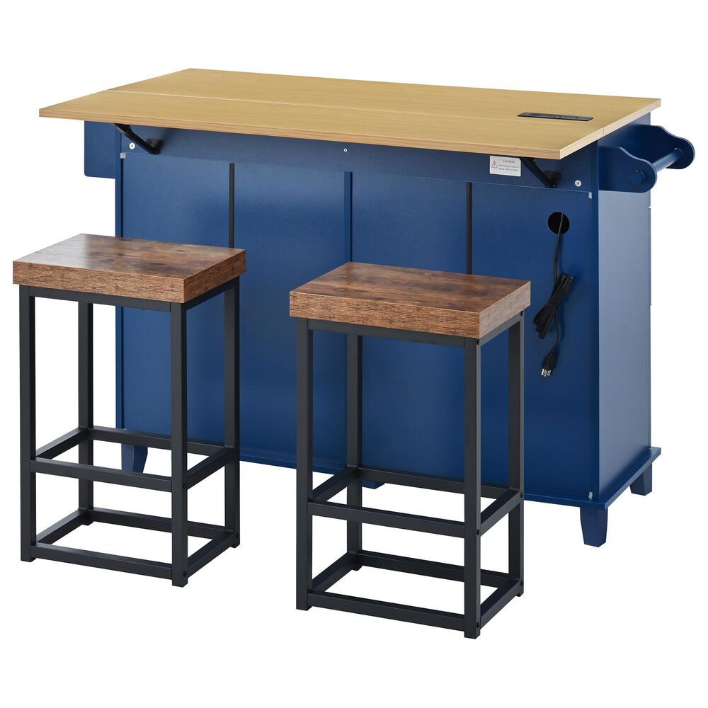 HOMLUX Farmhouse Kitchen Island with Drop Leaf and 2 Stools in Blue, Natural, Black and Rustic Brown, , large