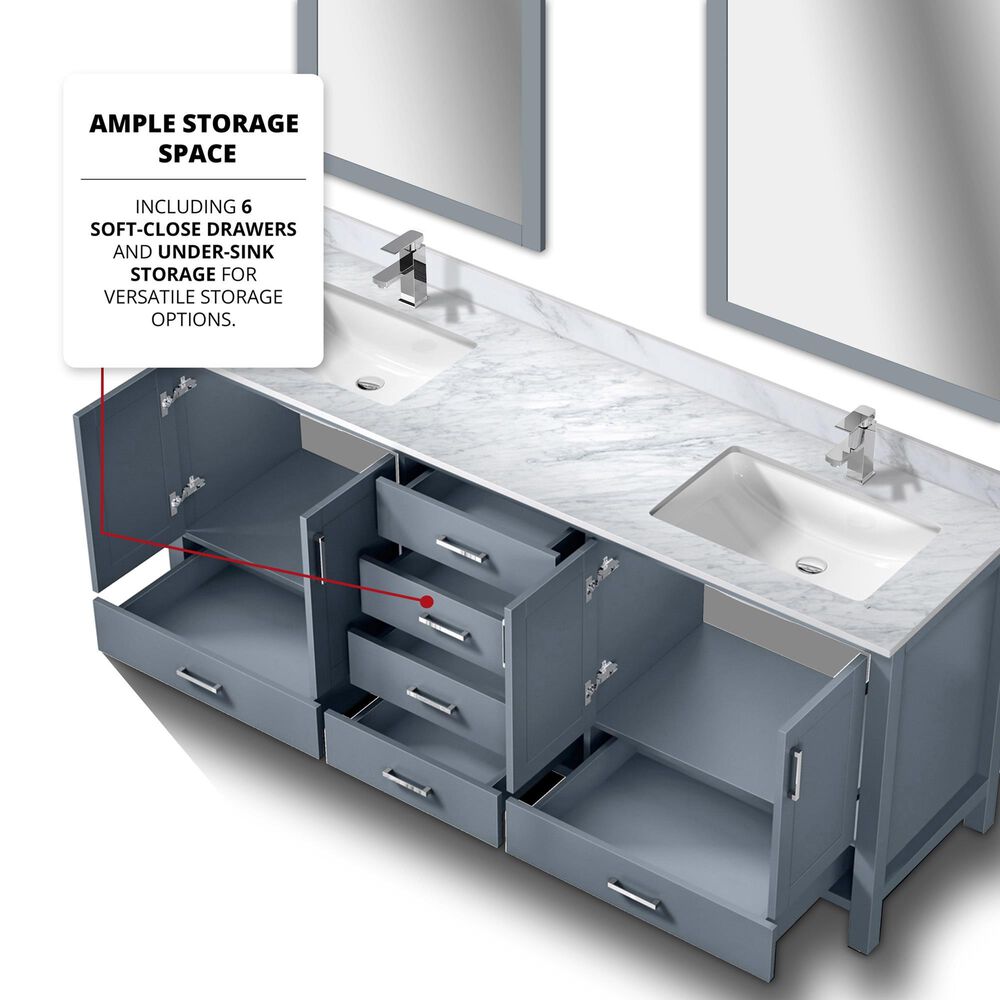 Lexora Home Jacques 80&quot; Double Bathroom Vanity in Dark Grey with 2 cm White Carrara Marble Top and Rectangular Sinks, , large