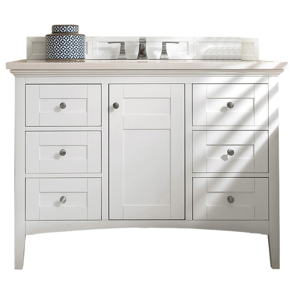 James Martin Vanities Palisades 48" Single Bathroom Vanity in Bright White with 3 cm Eternal Jasmine Pearl Quartz Top and Rectangular Sink, , large
