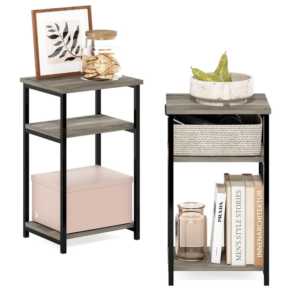 HOMLUX 3-Tier Metal Frame End Table with Storage Shelves in French Oak Grey and Black (Set of 2), , large