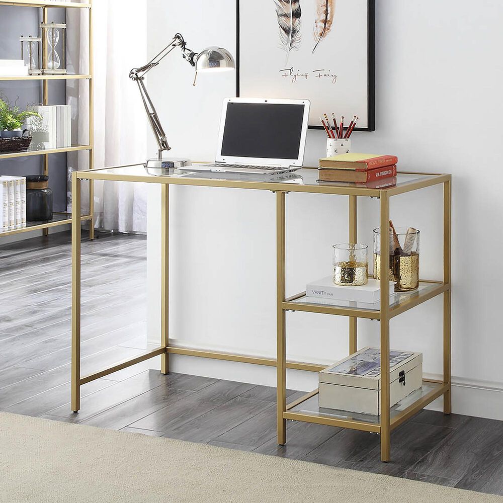 Carolina Cottage Marcello Glass Top Desk with Shelves in Gold, , large