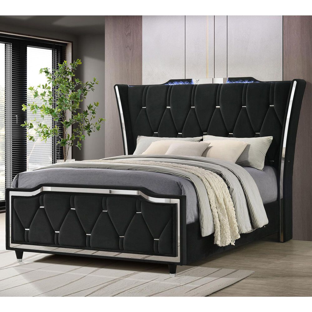 Pacific Landing Lorient Queen Upholstered Wingback Bed in Black with LED Lights, , large