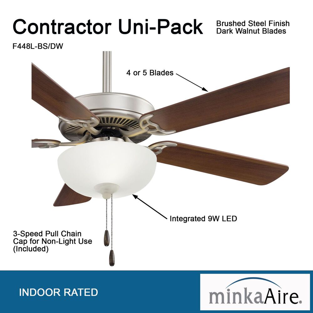 Minka-Aire Contractor Uni-Pack 52" Ceiling Fan with LED Light Kit and Silver Blades in Brushed Steel, , large