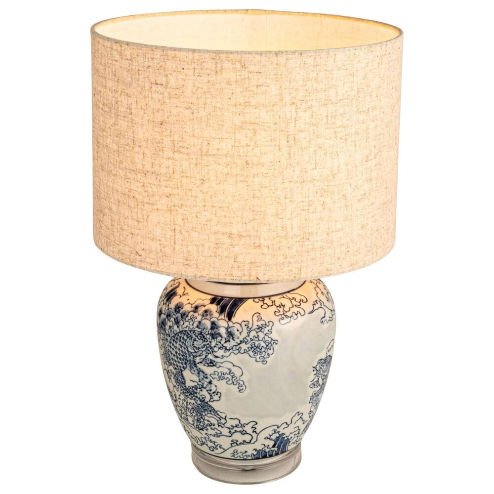 Teak Interiors Dapper Home Hand-Painted Ceramic Table Lamp with Linen Shade, Inline Switch in Blue and White, , large