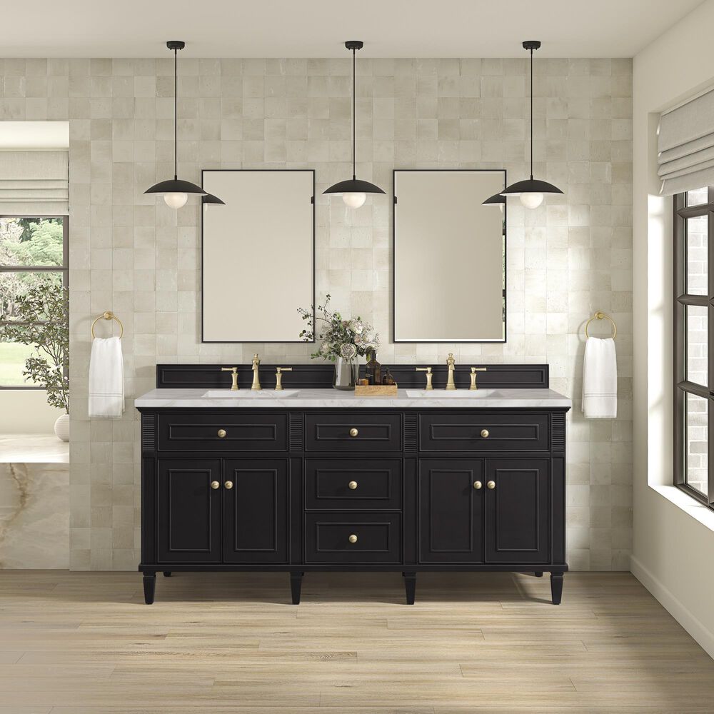 James Martin Vanities Lorelai 72" Double Bathroom Vanity in Black Onyx with 3 cm Eternal Jasmine Pearl Silestone Top, Rectangular Sinks and FreePower Wireless Charger, , large