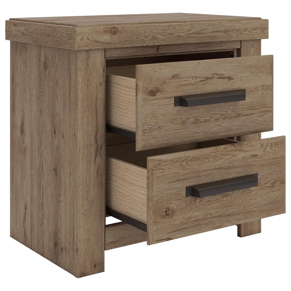Ashley Oliandon King Panel Bed Dresser Chest and 2 Nightstands in Light Brown, , large