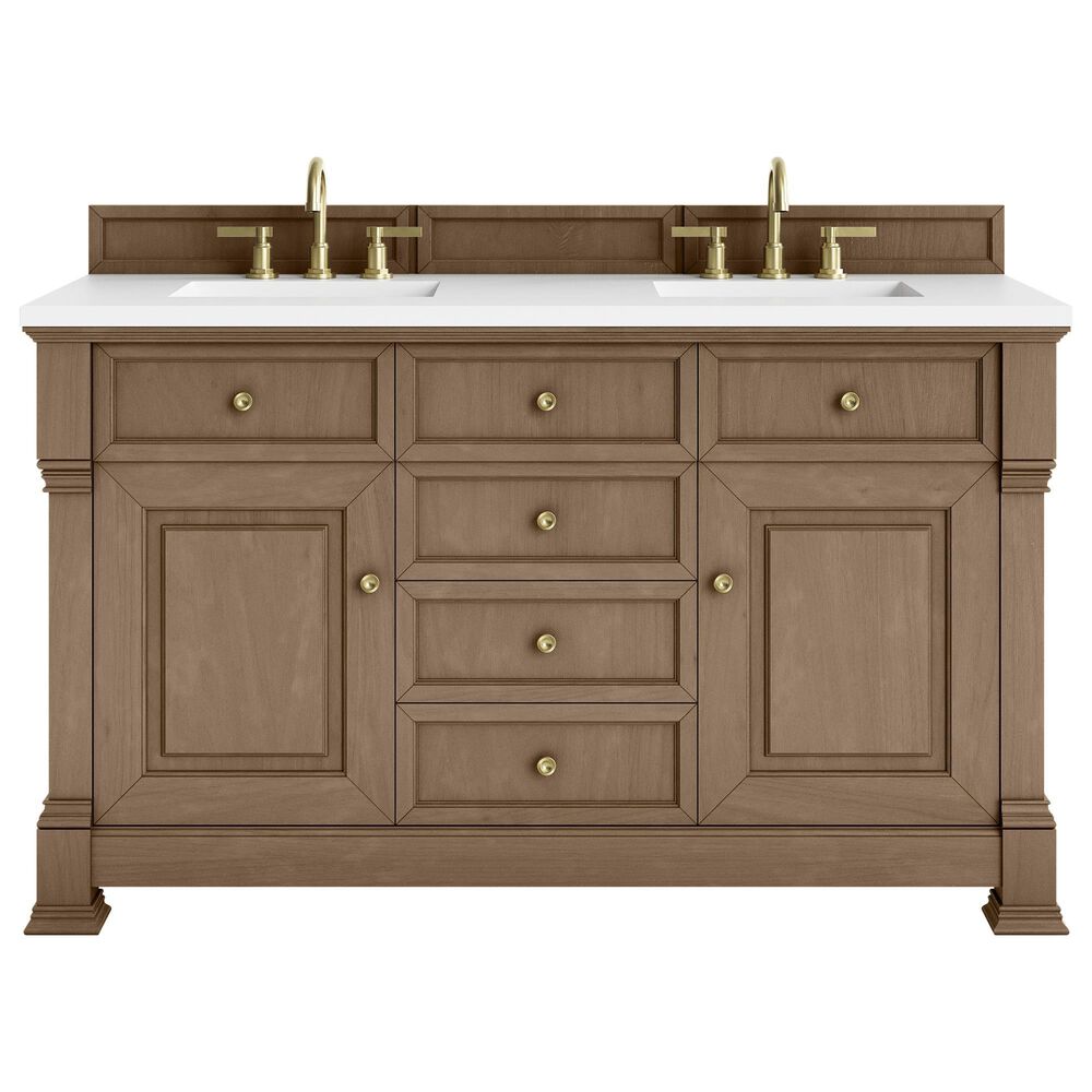 James Martin Vanities Brookfield 60&quot; Double Bathroom Vanity in Pecan with 3 cm White Zeus Quartz Top and Rectangular Sinks, , large