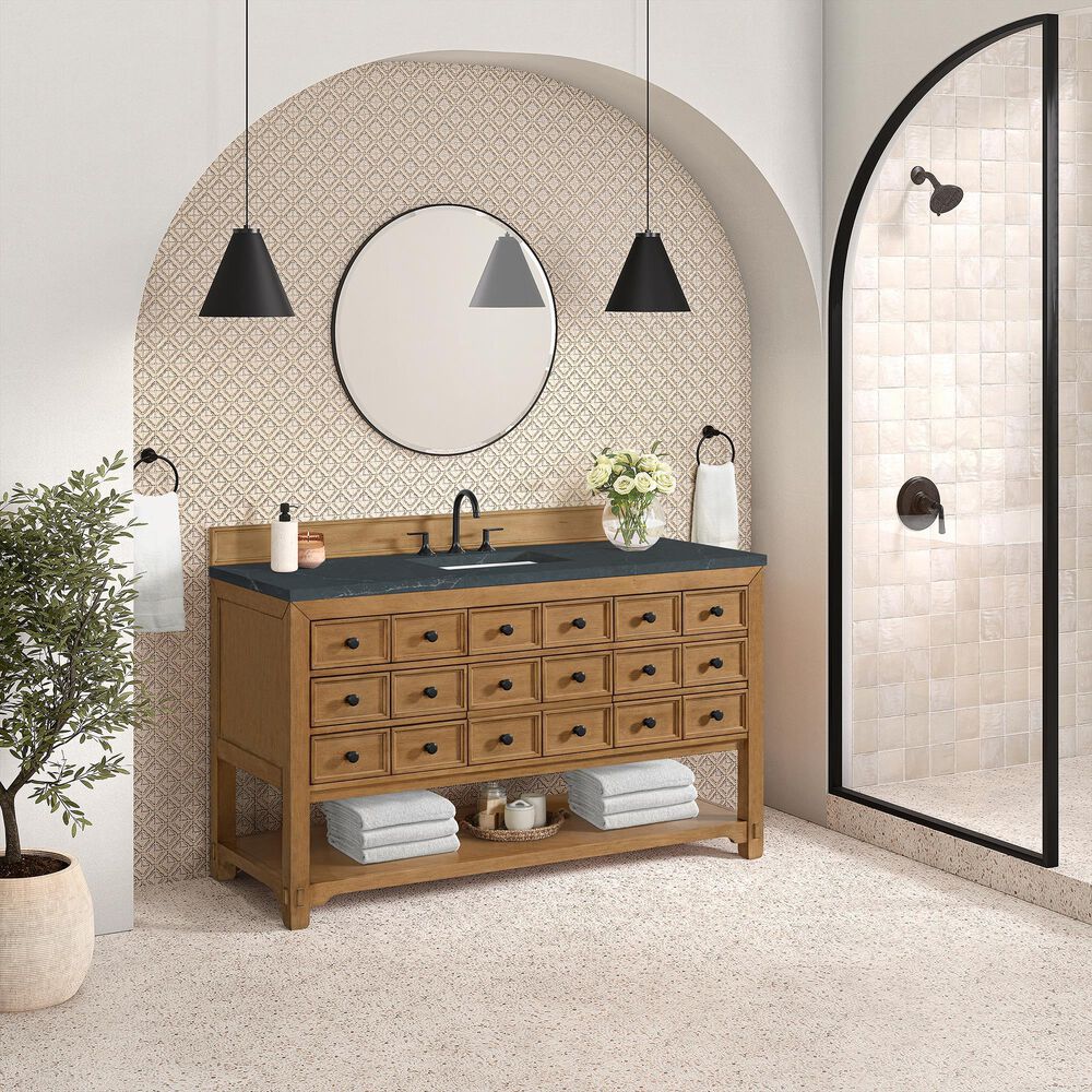 James Martin Malibu 60&quot; Single Bathroom Vanity in Amber Birch with 3 cm Charcoal Soapstone Quartz Top and Rectangular Sink, , large