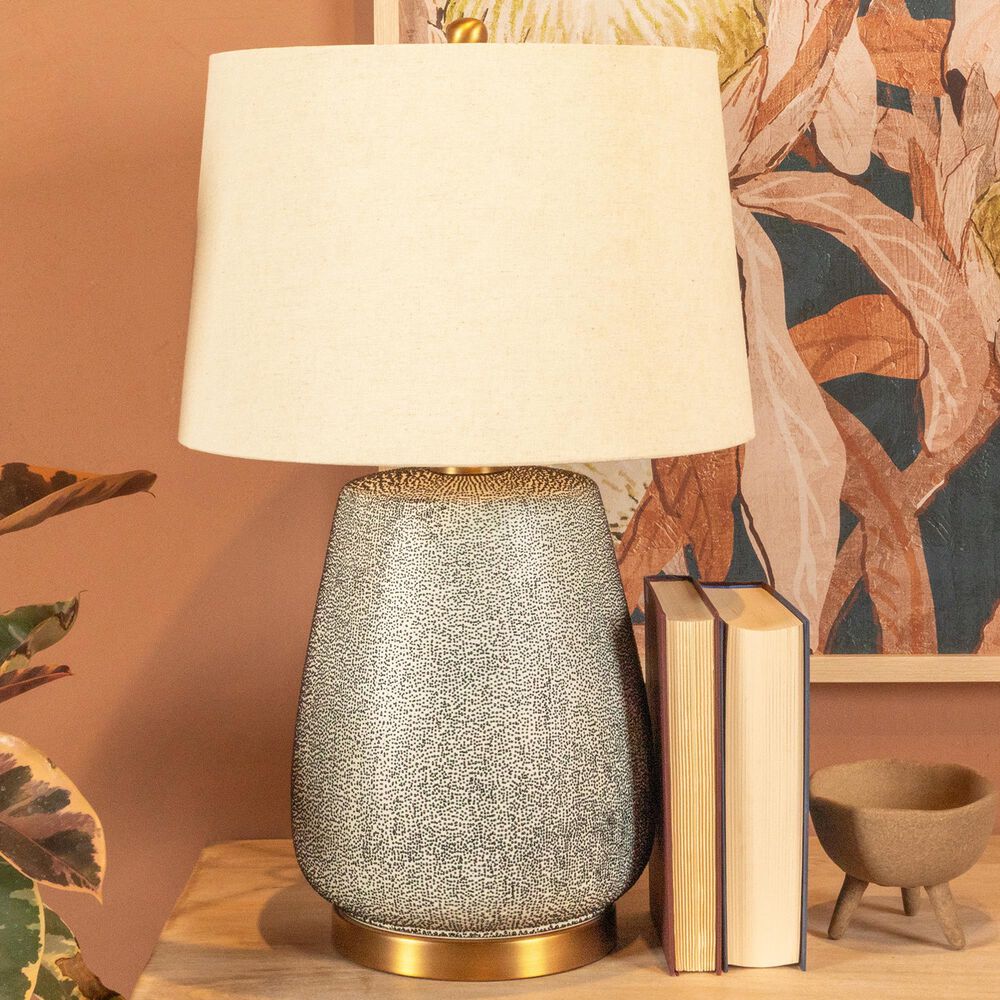 Creative Coop Oslo Textured Stoneware Table Lamp in Blue and Gold, , large