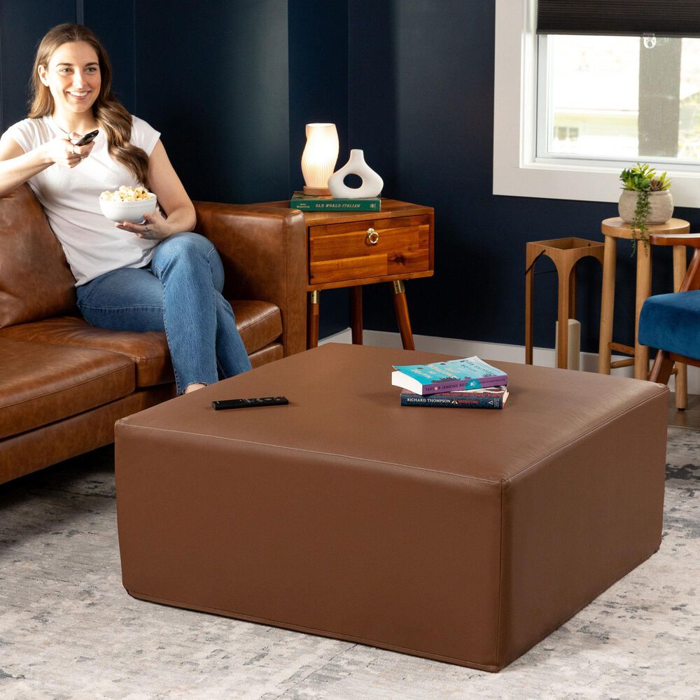 Jaxx Fairlie Faux Leather Ottoman in Walnut, , large