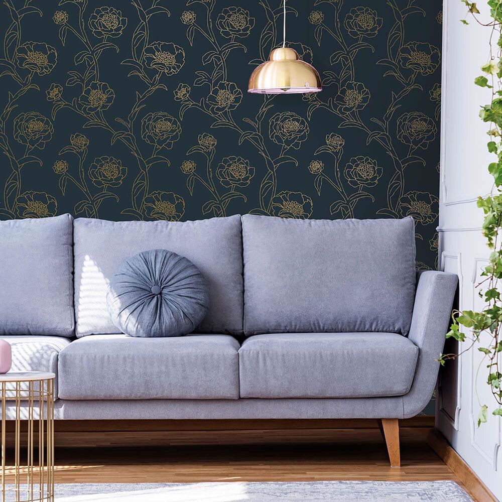 Tempaper 56 sq. ft. Peonies Peacock Blue & Metallic Gold Peel and Stick