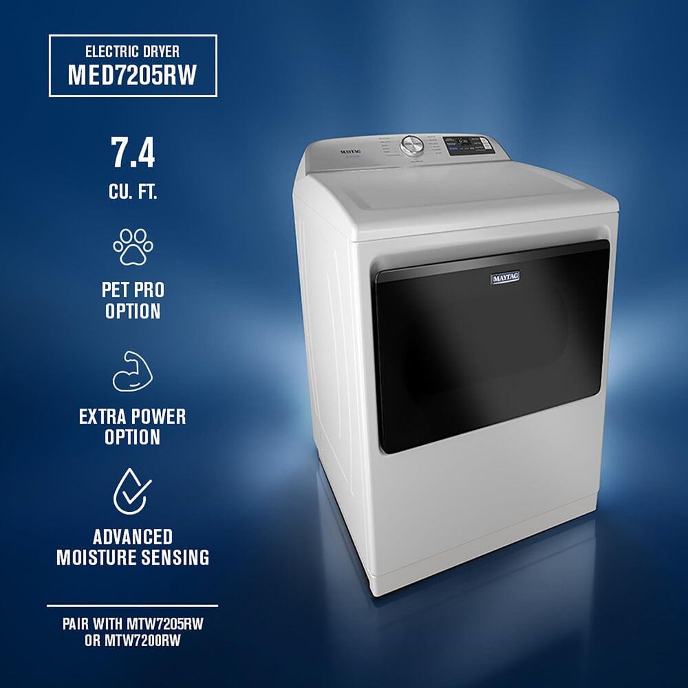 Maytag 5.3 Cu. Ft. Smart Pet Pro Top Load Impeller Washer and 7.4 Cu. Ft. Electric Smart Top Load Dryer Laundry Pair in White, , large