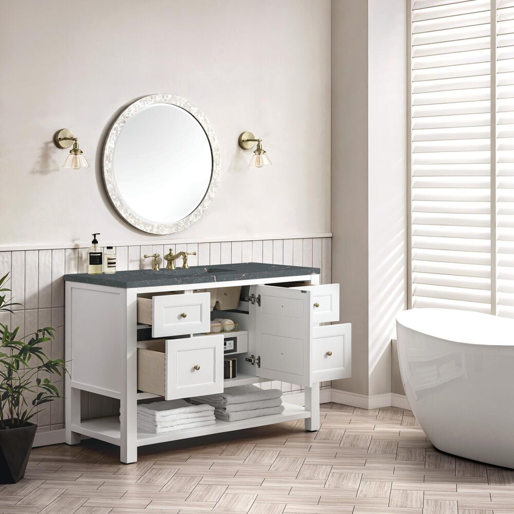 James Martin Vanities Breckenridge 48&quot; Single Bathroom Vanity in Bright White with 3 cm Parisien Bleu Quartz Top and Rectangular Sink, , large