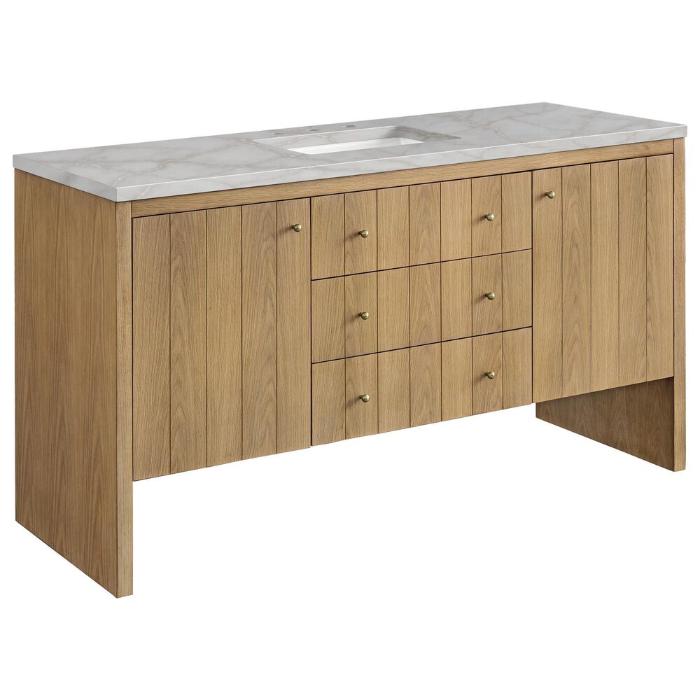 James Martin Vanities Hudson 60" Single Bathroom Vanity in Light Natural Oak with 3 cm Victorian Silver Quartz Top and Rectangular Sink, , large